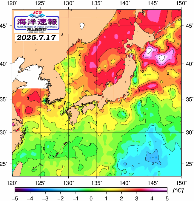 ７月１７日の、海水表面温度（平年比）、 https://www1