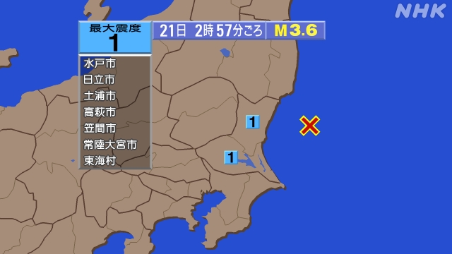 2時57分ごろ、Ｍ３．６　茨城県沖 北緯36.5度　東経１４１．