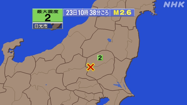 10時38分ごろ、Ｍ２．６　栃木県南部 北緯36.6度　東経13
