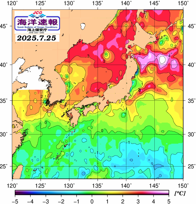 ７月２５日の、海水表面温度（平年比）、 https://www1