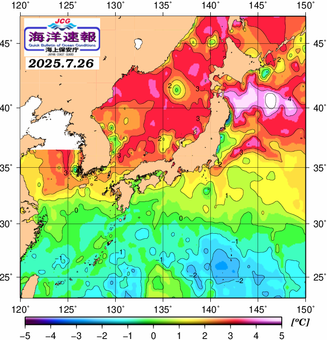 ７月２６日の、海水表面温度（平年比）、 https://www1
