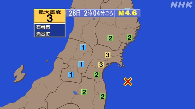 2時4分ごろ、Ｍ４．６　福島県沖 北緯37.8度　東経141.7