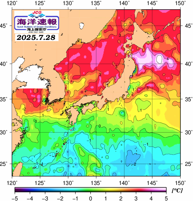 ７月２８日の、海水表面温度（平年比）、 https://www1