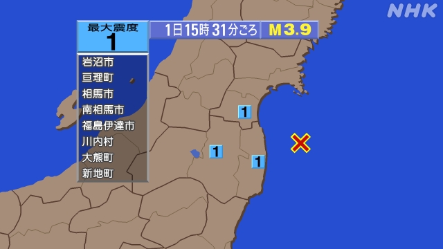 15時31分ごろ、Ｍ３．９　福島県沖 北緯37.6度　東経141