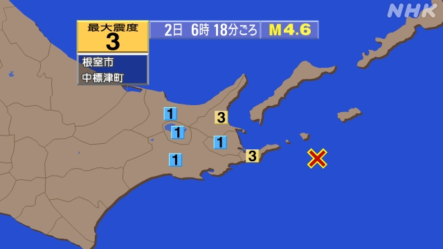6時18分ごろ、Ｍ４．６　根室半島南東沖 北緯43.2度　東経1