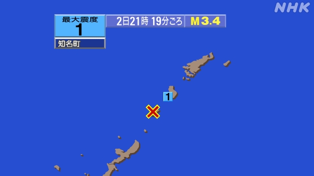 21時19分ごろ、Ｍ３．４　沖縄本島近海 北緯27.4度　東経1
