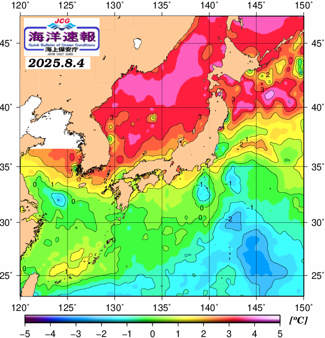 ８月４日の、海水表面温度（平年比）、 https://www1.
