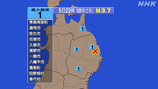 22時10分ごろ、Ｍ３．７　岩手県沿岸北部 北緯39.8度　東経