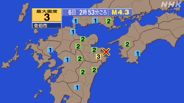 2時53分ごろ、Ｍ４．３　大分県南部 北緯33.1度　東経132