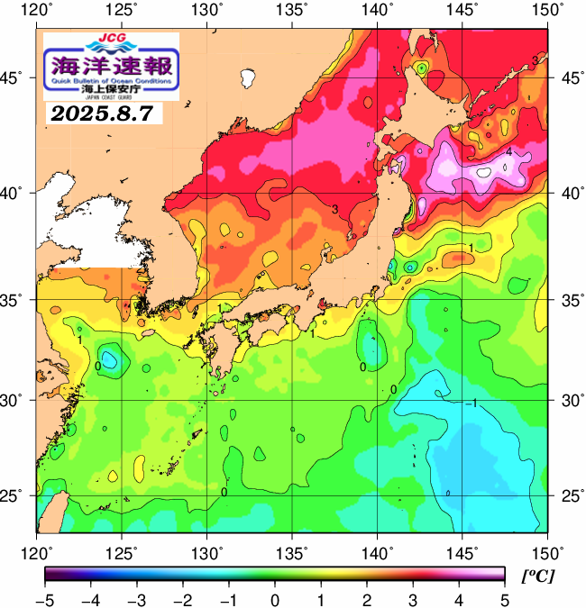 ８月７日の、海水表面温度（平年比）、 https://www1.