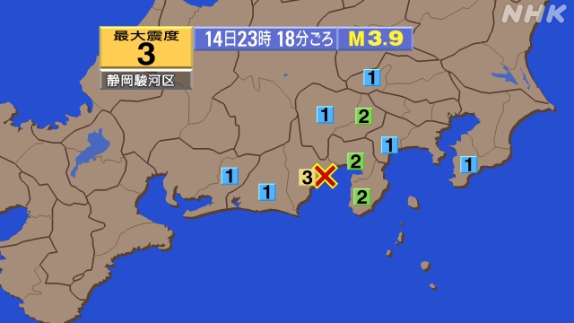 23時18分ごろ、Ｍ３．９　静岡県中部 北緯35.0度　東経13