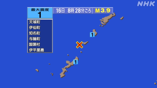 8時28分ごろ、Ｍ３．９　沖縄本島近海 北緯27.3度　東経12