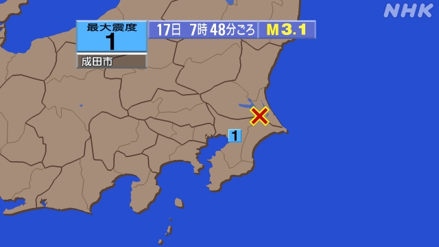 7時48分ごろ、Ｍ３．１　千葉県北東部 北緯35.9度　東経14