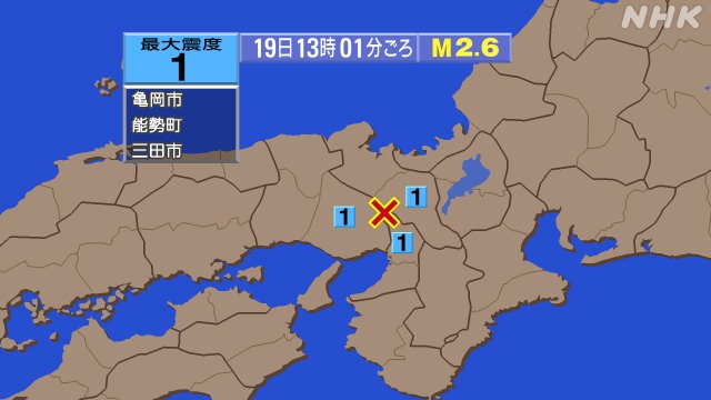 13時1分ごろ、Ｍ２．６　大阪府北部 北緯35.0度　東経135