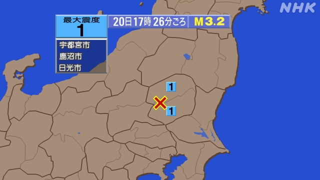 17時26分ごろ、Ｍ３．２　栃木県南部 北緯36.6度　東経13