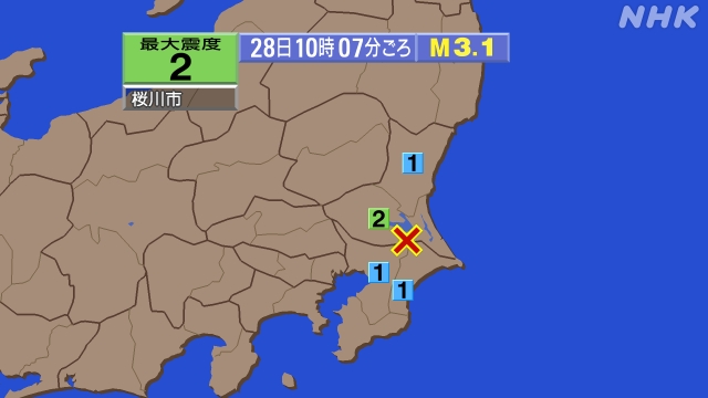 10時7分ごろ、Ｍ３．１　千葉県北東部 北緯35.9度　東経14