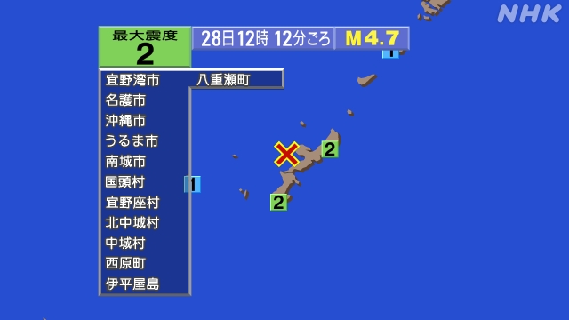 12時12分ごろ、Ｍ４．７　沖縄本島近海 北緯26.6度　東経1