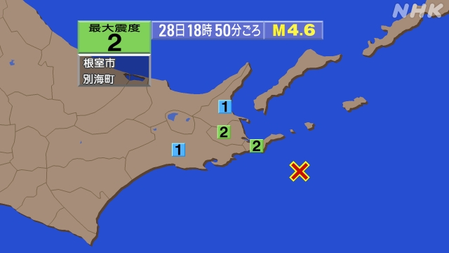 18時50分ごろ、Ｍ４．６　根室半島南東沖 北緯42.9度　東経