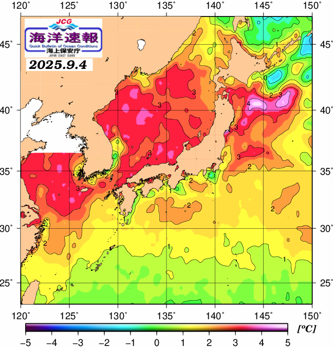 ９月４日の、海水表面温度（平年比）、 https://www1.