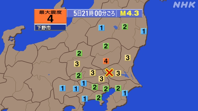 21時00分ごろ、Ｍ４．３　茨城県南部 北緯36.1度　東経13