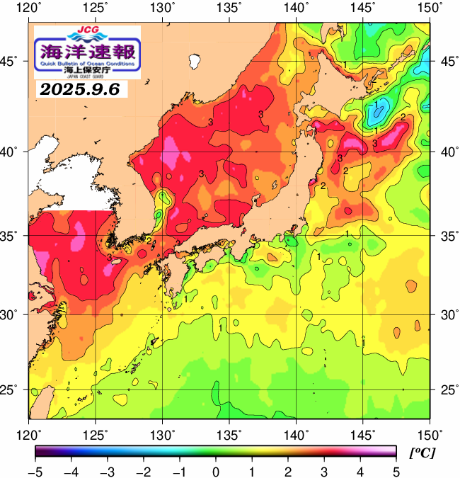 ９月６日の、海水表面温度（平年比）、 https://www1.