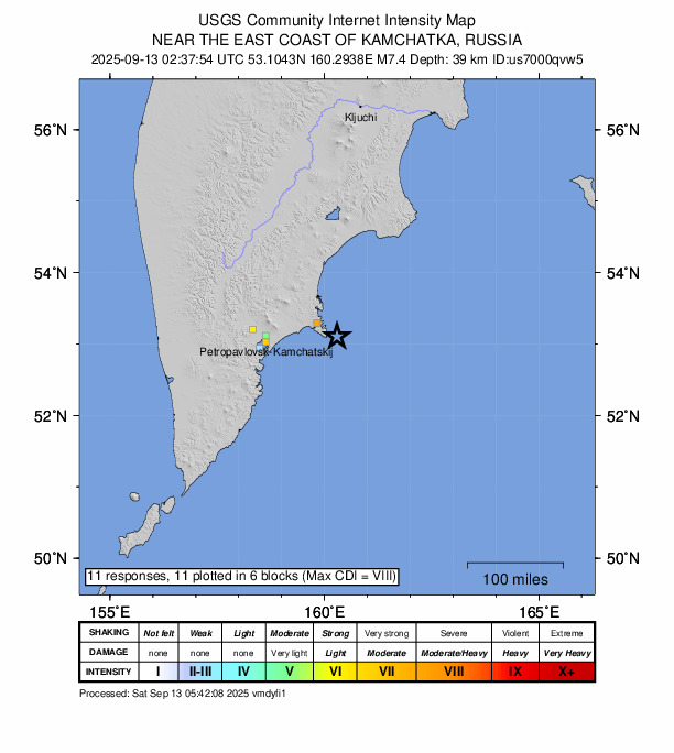 ＵＳＧＳ、11時37分54秒　Ｍ７．５→Ｍ７．４　カムチャッカ半