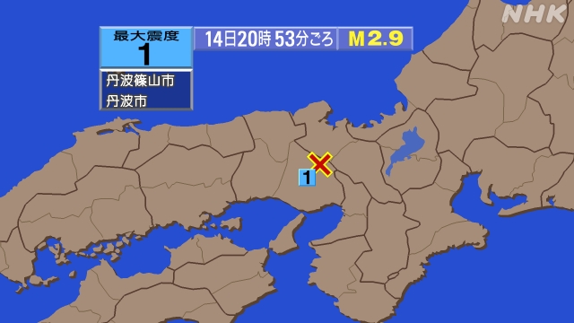 20時53分ごろ、Ｍ２．９　兵庫県南東部 北緯35.1度　東経1