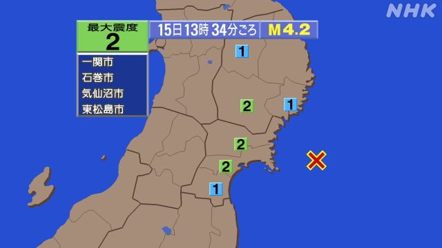 13時34分ごろ、Ｍ４．２　宮城県沖 北緯38.4度　東経142