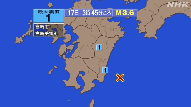 3時45分ごろ、Ｍ３．６　日向灘 北緯31.5度　東経131.9
