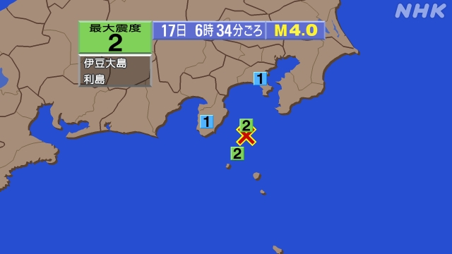 6時34分ごろ、Ｍ４．０　伊豆大島近海 北緯34.6度　東経13