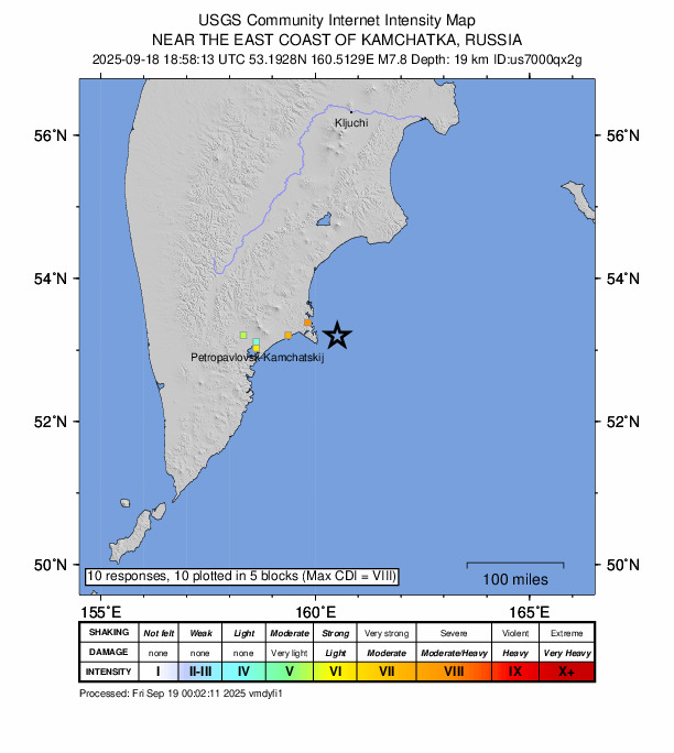 ＵＳＧＳ、3時58分13秒　Ｍ７．８　カムチャッカ半島付近 北緯