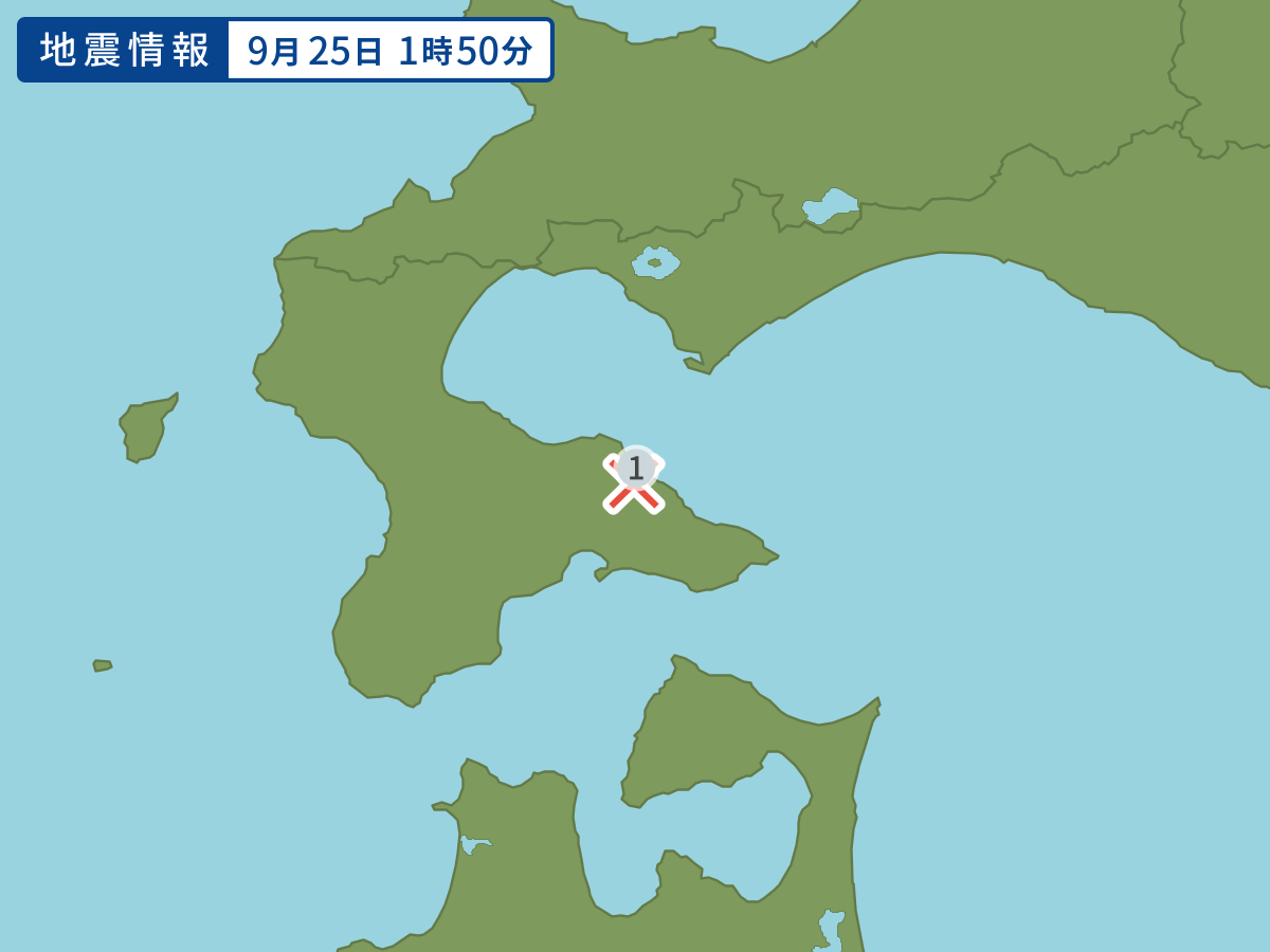 1時50分ごろ、Ｍ２．１　渡島地方東部 北緯42.0度　東経14