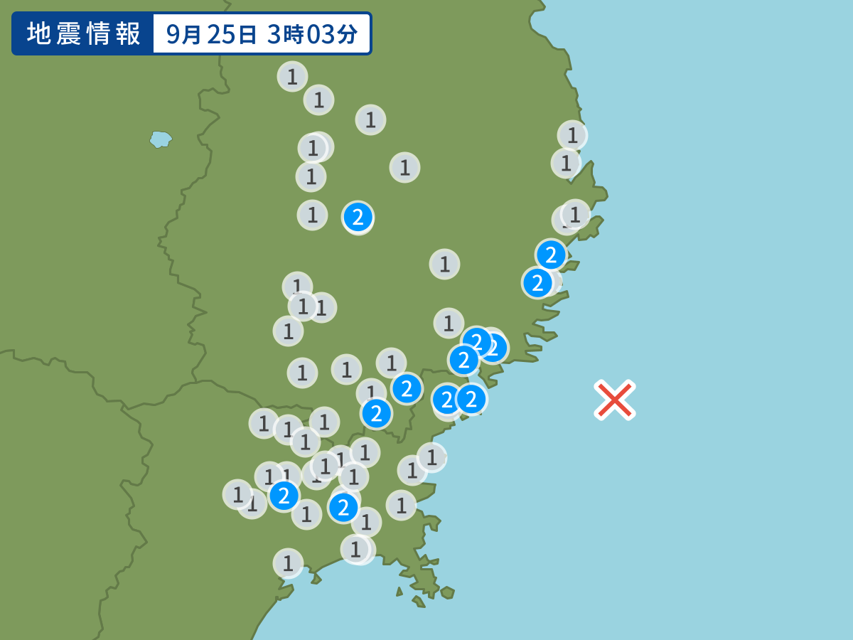 3時3分ごろ、Ｍ４．２　宮城県沖 北緯38.9度　東経142.1