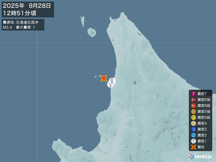 12時51分ごろ、Ｍ２．４　北海道北西沖 北緯44.4度　東経1
