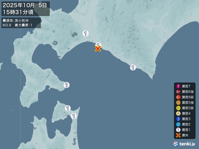 15時31分ごろ、Ｍ３．９　苫小牧沖 北緯42.5度　東経141