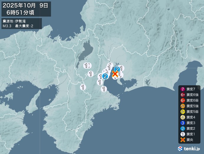 6時51分ごろ、Ｍ３．３　伊勢湾 北緯34.9度　東経136.8