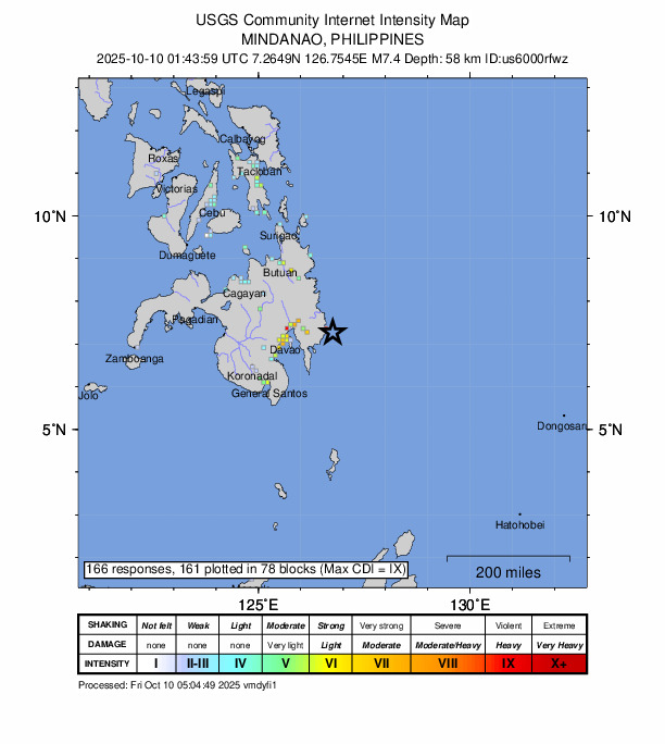 ＵＳＧＳ、10時43分59秒　Ｍ７．４　フィリピン・ミンダナオ島