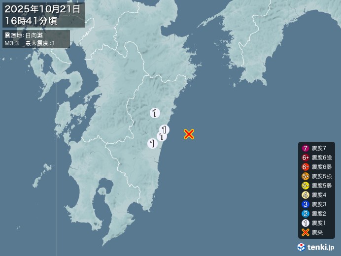 16時41分ごろ、Ｍ３．３　日向灘 北緯32.2度　東経131.