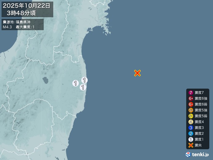 3時48分ごろ、Ｍ４．３　福島県沖 北緯37，6度　東経142.