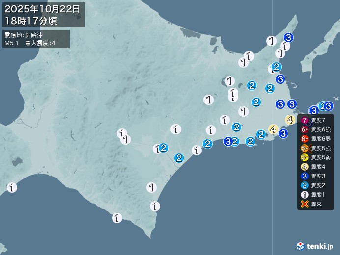 18時17分ごろ、Ｍ５．１　釧路沖 北緯42.9度　東経145.