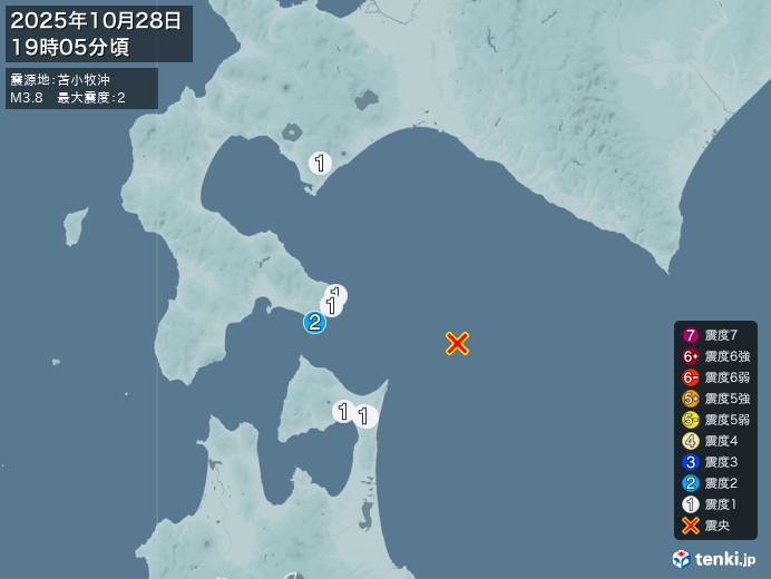 19時5分ごろ、Ｍ３．８　苫小牧沖 北緯41.6度　東経141.