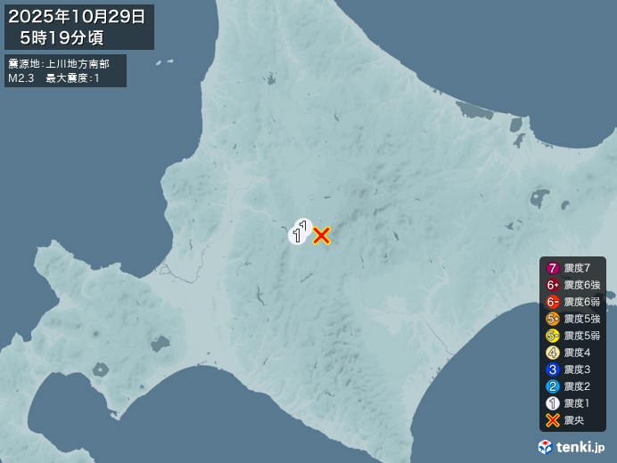 5時19分ごろ、Ｍ２．３　上川地方南部 北緯43.4度　東経14