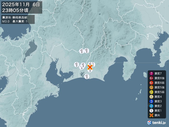 23時5分ごろ、Ｍ３．０　静岡県西部 北緯34.9度　東経137