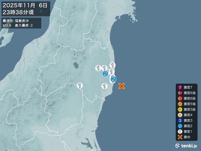 23時38分ごろ、Ｍ３．９　福島県沖 北緯37.1度　東経141