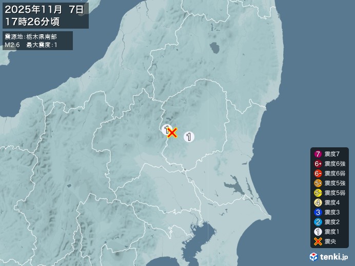 17時26分ごろ、Ｍ２．６　栃木県南部 北緯36.6度　東経13