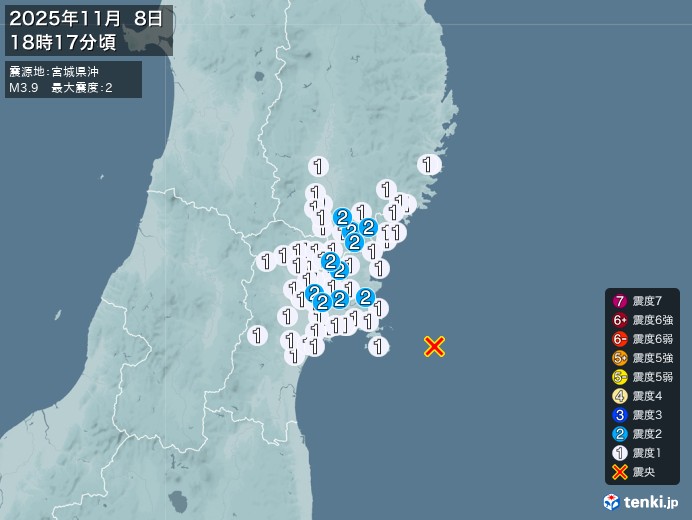 18時17分ごろ、Ｍ３．９　宮城県沖 北緯38.3度　東経141
