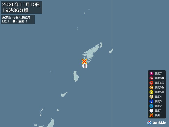 19時36分ごろ、Ｍ２．７　奄美大島近海 北緯28.1度　東経1