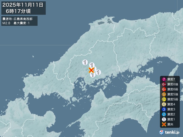 6時17分ごろ、Ｍ２．８　広島県南西部 北緯34.5度　東経13