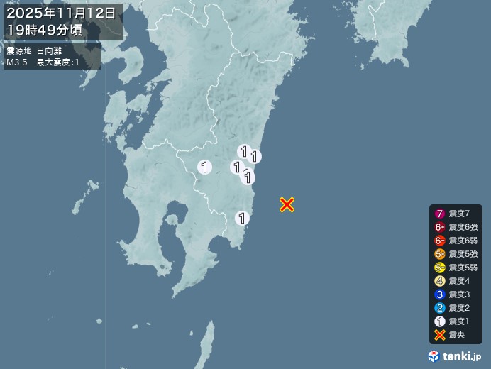 19時49分ごろ、Ｍ３．５　日向灘 北緯31.7度　東経131.