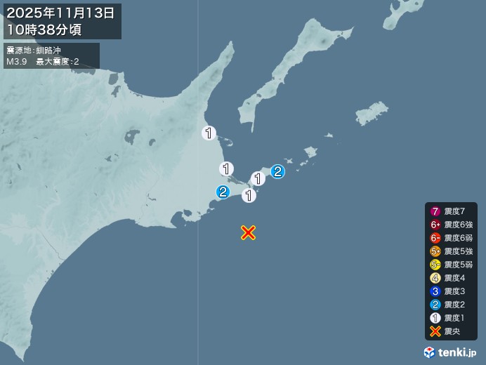 10時38分ごろ、Ｍ３．９　釧路沖 北緯42.9度　東経145.